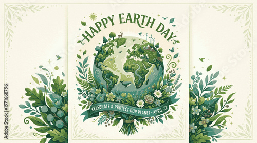 Happy earth day poster with green globe surrounded by leaves and flowers on beige background