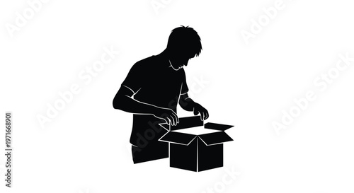 Black silhouette vector illustration of a young man opening a cardboard box with his hands