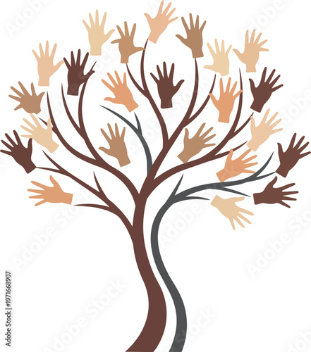 minimalist tree trunk where the branches end in reaching hands instead of leaves