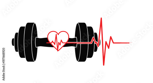 Flat vector graphic illustration of a heavy gym dumbbell combined with a red heartbeat line symbol