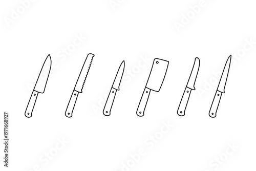 Collection of six different kitchen knives and a cleaver shown in a line