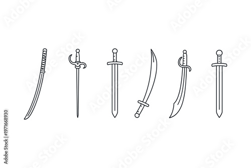 Collection of diverse sword types illustrated in a clean, minimalist line art style