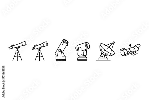 Collection of astronomical instruments including telescopes, satellite dishes, and spacecraft