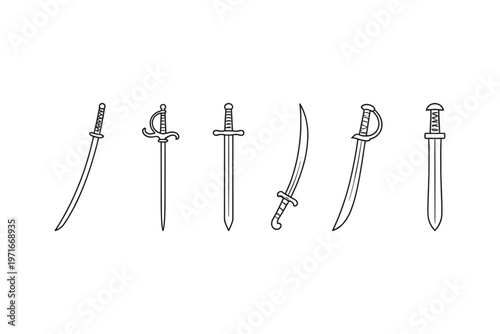 Collection of six distinct sword types illustrated in a simple line art style