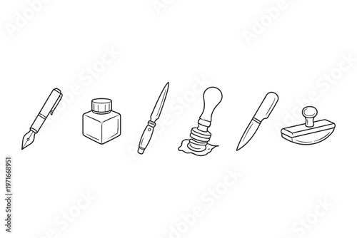 Collection of vintage writing and sealing tools, including a fountain pen, inkwell, and stamps