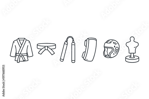 Collection of martial arts equipment and training gear in a simple line art style