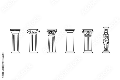 Collection of classical architectural columns and a caryatid in line art style
