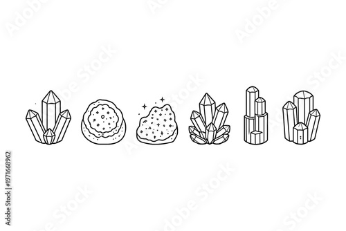Collection of hand-drawn crystal clusters and geode illustrations in black and white