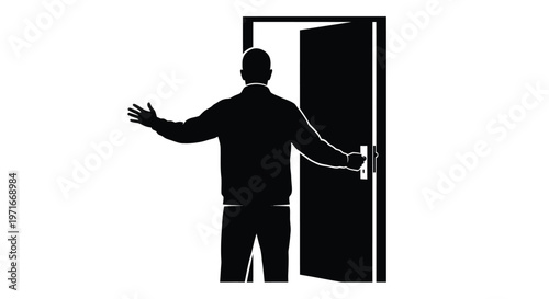 Welcome invitation vector graphic illustration with a person opening a door showing opportunity