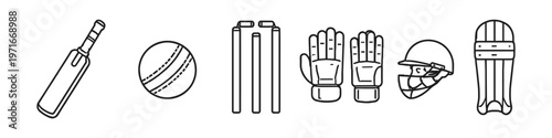 Collection of essential cricket equipment icons for sports and games