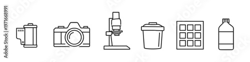 Collection of scientific and photographic equipment icons on a white background