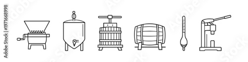 Collection of winemaking and brewing equipment icons in a line art style