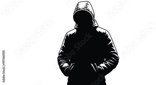 Minimalist vector illustration showing a hooded mysterious person wearing a dark jacket for digital design concepts