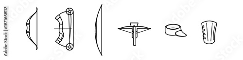 Collection of archery and hunting equipment icons including bows and crossbow