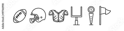 Collection of American football icons including ball, helmet, pads, goal, and flag