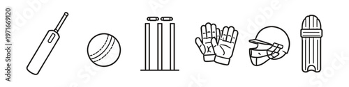 Collection of cricket equipment icons including bat, ball, wickets, gloves, helmet, and pads