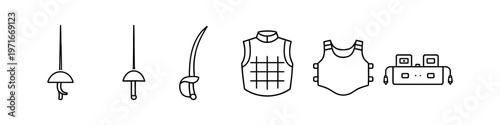 Collection of fencing equipment and protective gear icons on a white background