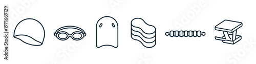 Collection of swimming equipment icons including cap, goggles, kickboard, pull buoy, and fins