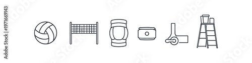 Collection of line art icons representing volleyball equipment and accessories