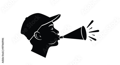 Minimalist vector graphic of a person wearing a cap blowing into a loud festive horn