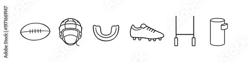 Collection of rugby sport equipment icons on a white background