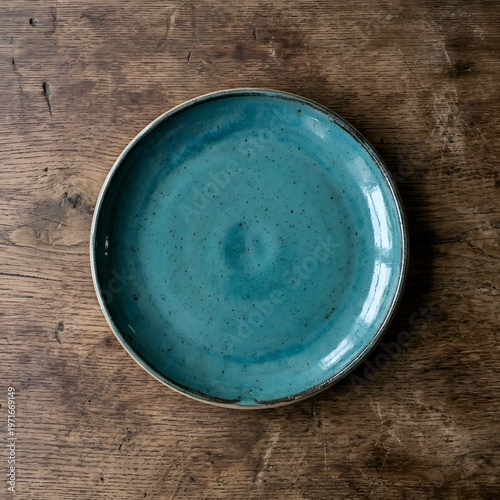 Vibrant Turquoise Ceramic Plate with Speckled Glaze on Distressed Wooden Table
