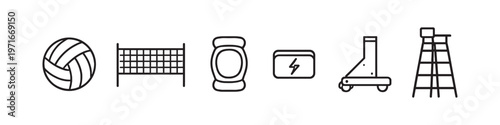 Volleyball equipment icons including ball, net, knee pads, and referee chair