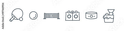 Collection of simple line art icons representing table tennis and other sports equipment