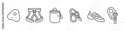 Collection of climbing gear icons including chalk bag, harness, carabiner, and shoe