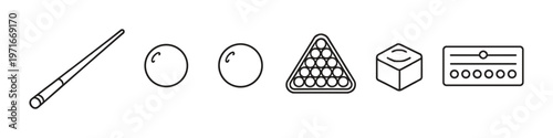 Collection of billiard game icons including cue, balls, rack, chalk, and scoreboard