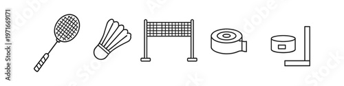 Collection of sports equipment icons including badminton, net, and measuring tape