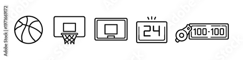 Collection of basketball icons including ball, hoop, backboard, and scoreboard