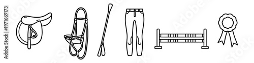 Equestrian equipment icons: saddle, bridle, whip, breeches, jump, and rosette