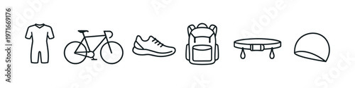 Collection of triathlon gear icons including a wetsuit, bicycle, running shoes, backpack, and swim cap