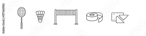 Collection of badminton equipment icons including racket, shuttlecock, net, and tape