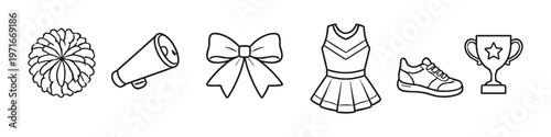 Cheerleading icons: pom-pom, megaphone, bow, uniform, sneaker, and trophy