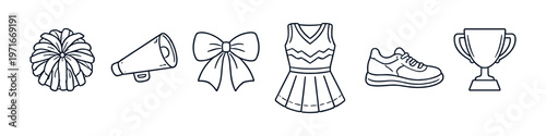 Cheerleading essentials collection with pom-pom, megaphone, bow, uniform, shoe, and trophy