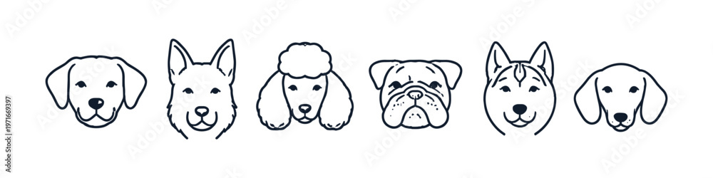 Obraz premium Collection of diverse dog breed faces in a simple, clean line art style