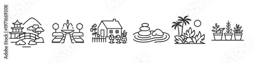 Collection of stylized outdoor scene icons including a pagoda, fountain, house, and plants