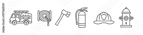 Collection of firefighting equipment icons including a truck, hose, axe, extinguisher, helmet, and hydrant
