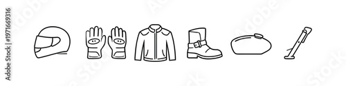 Motorcycle gear icons: helmet, gloves, jacket, boots, fuel tank, and kickstand