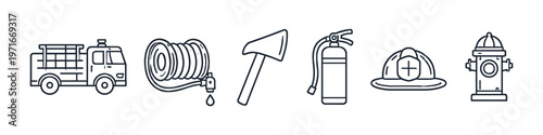 Collection of firefighter equipment icons including truck, hose, axe, extinguisher, helmet, and hydrant