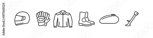 Motorcycle gear and parts icons: helmet, gloves, jacket, boots, fuel tank, kickstand