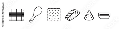 Simple line art icons representing sushi ingredients and tools for preparation