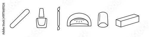 Collection of simple line art icons representing nail care tools and supplies