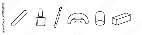 Set of line art icons representing nail care and manicure tools and equipment