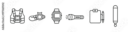 Collection of scuba diving equipment icons for underwater exploration and safety