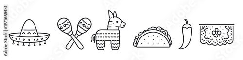 Collection of festive Mexican cultural icons in a simple line art style