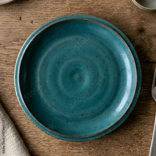 Vibrant Teal Ceramic Plate on Wooden Table Setting with Napkin and Utensils