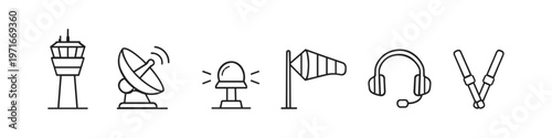 Collection of airport and aviation icons including control tower, radar, and windsock